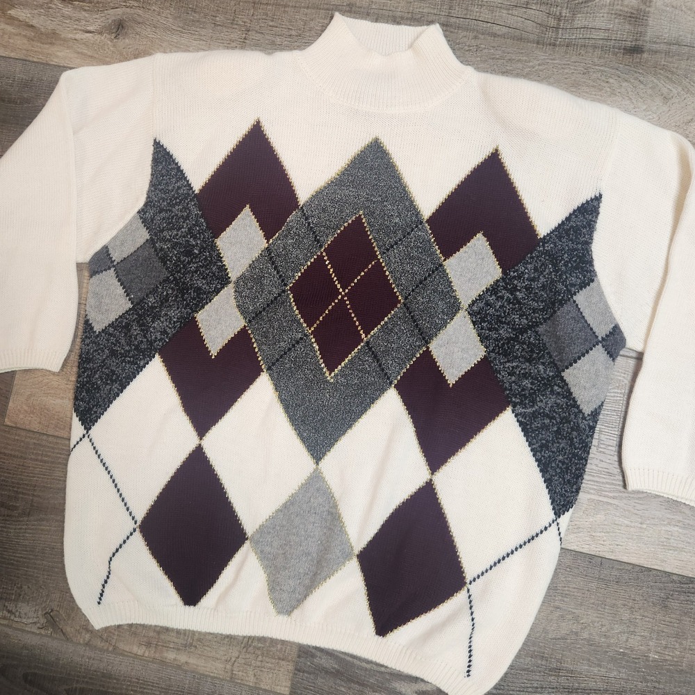 Fred Thomas VTG Argyle Sweater Women 1X Ivory Burgundy Exc Mock Neck Wool Blend
